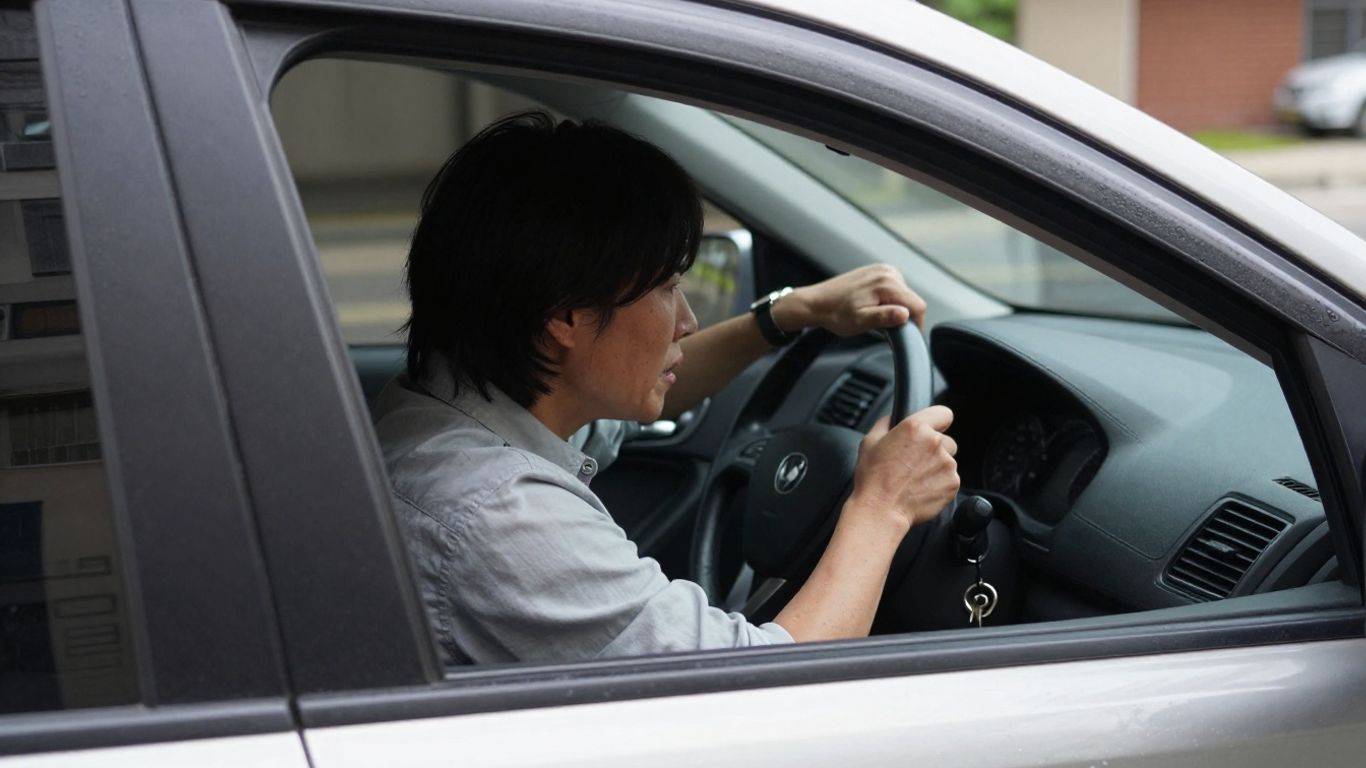 Keys locked inside a car, person looking distressed.