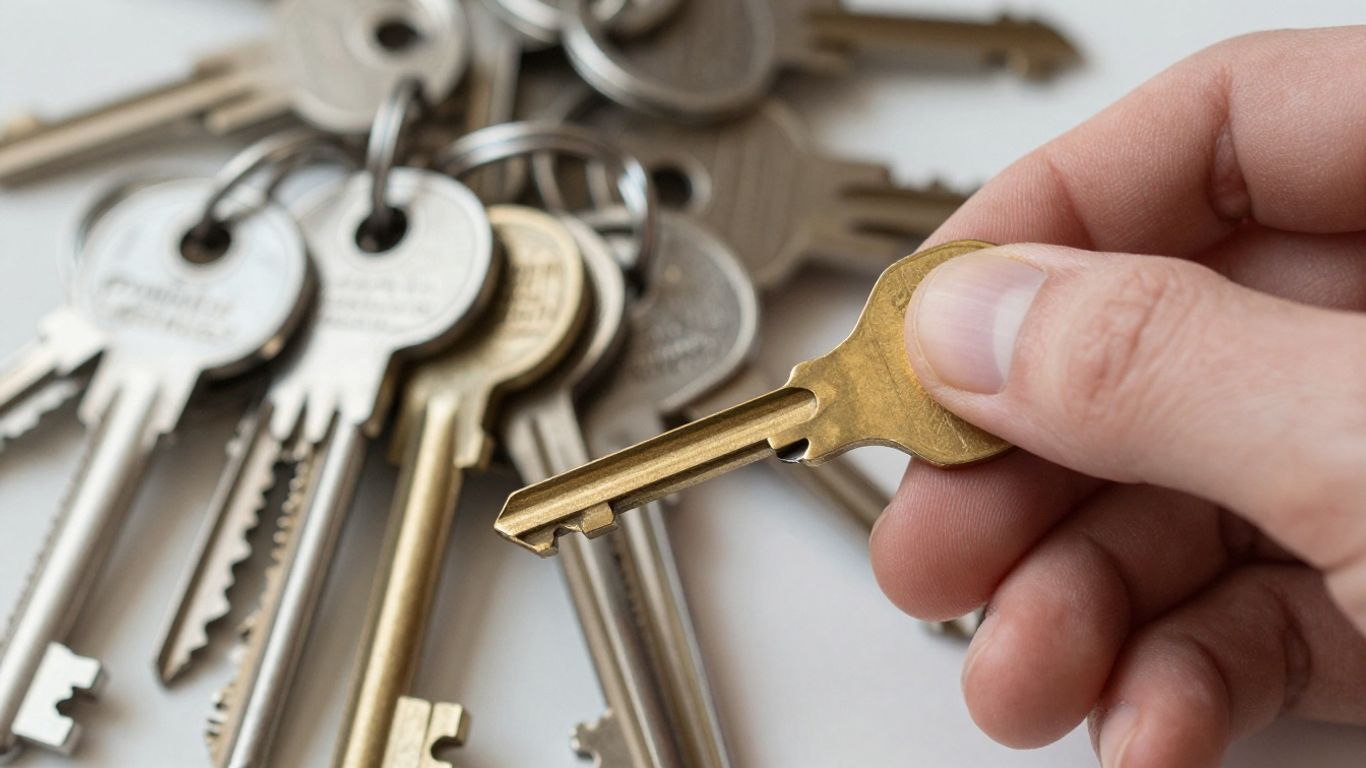 Close-up of various keys and a hand holding one key.
