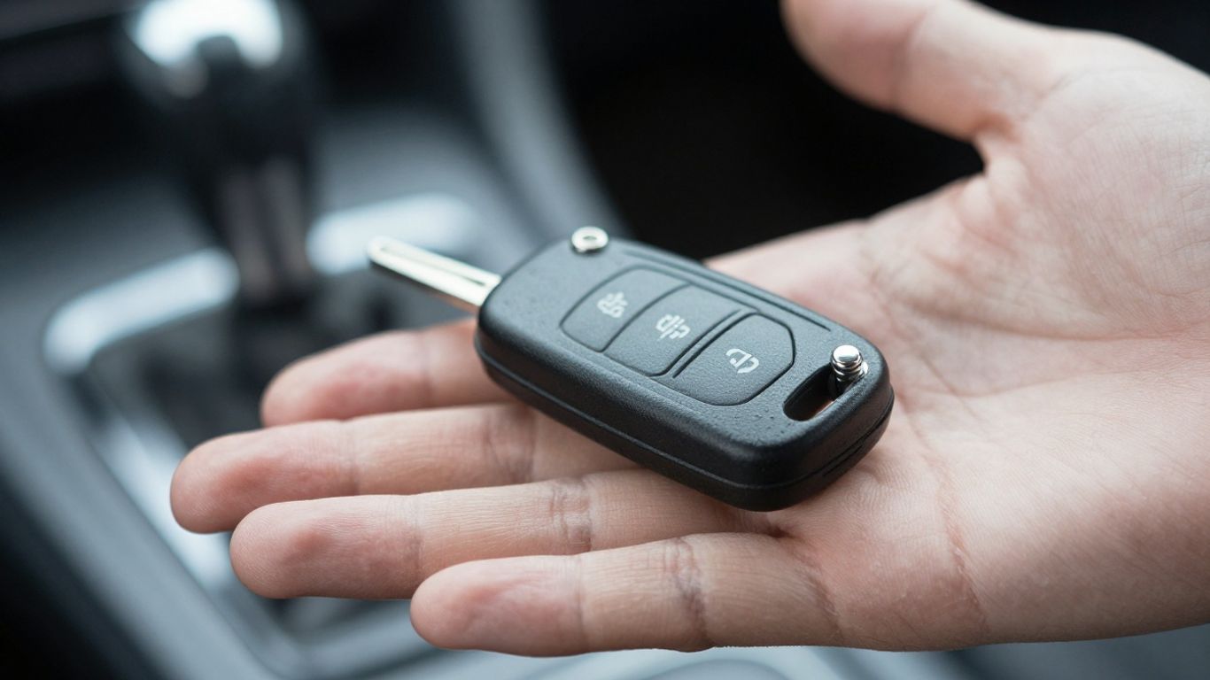 Car key fob and car key in hand.