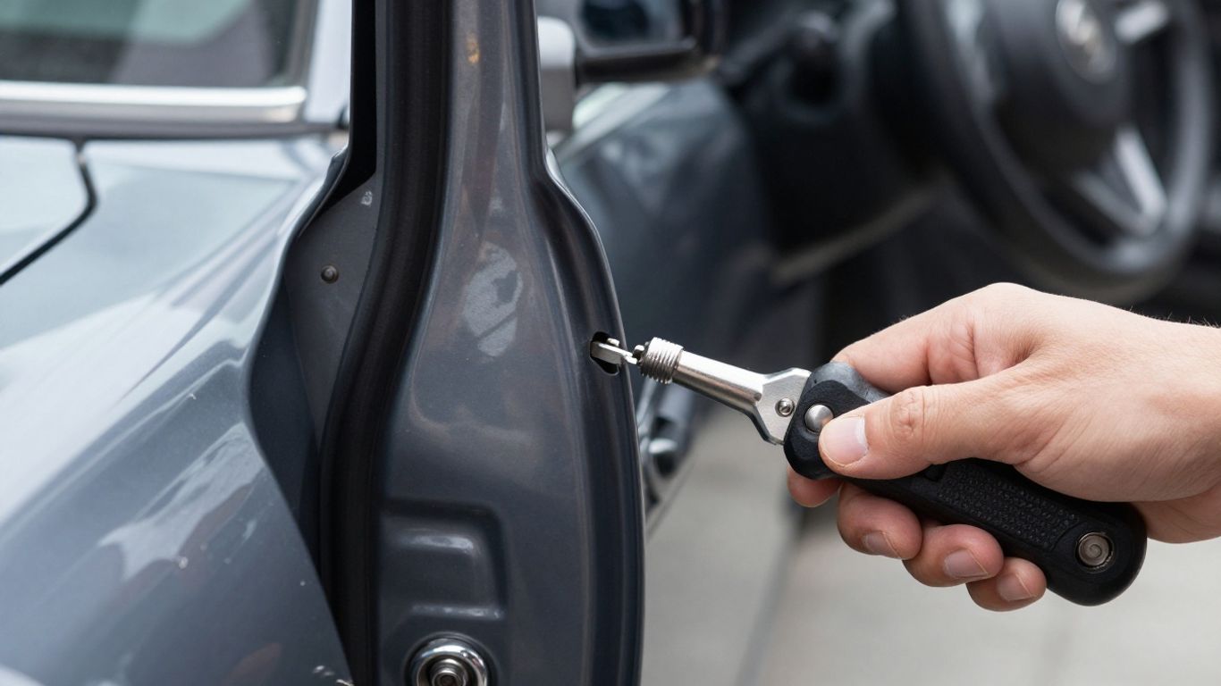 Locksmith opening a car door with tools.