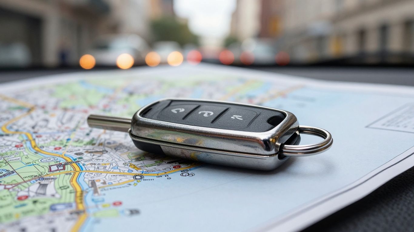Car key fob on a map with blurred city background.