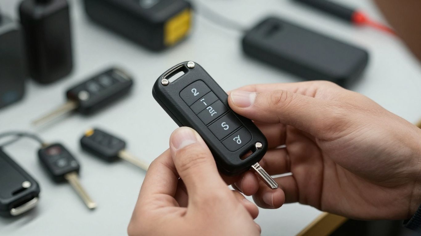 Locksmith programming a car key fob.